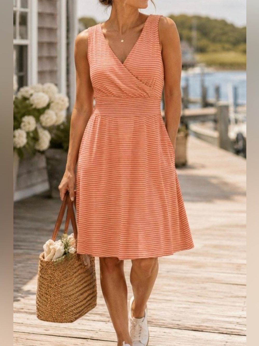 Patagonia Organic Cotton Coral Striped Sleeveless Fit & Flare Dress - Size L